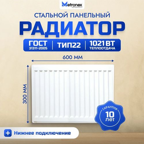 Радиатор панельный стальной Metronex 300х600 мм нижнее подключение, вид
