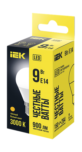 Лампа IEK LED 9Вт E14 3К шар теплый свет, фото