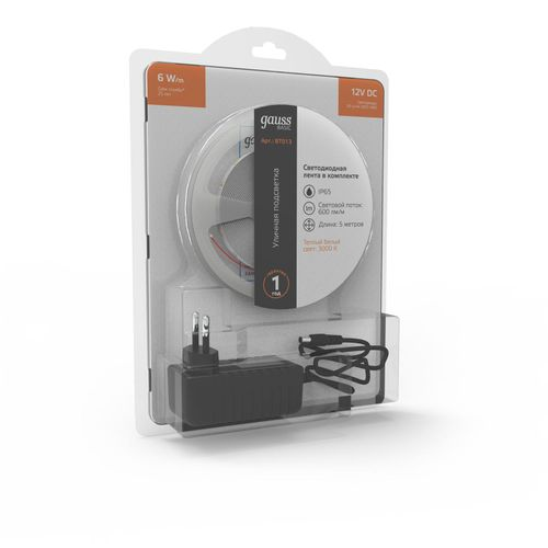 Лента Gauss Basic в комплекте LED 2835/60 12V 6W/m 600lm/m 3000K 8mm IP65 5m, фото