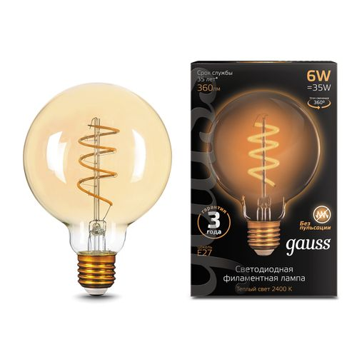 Лампа GAUSS Filament G95 6W 360lm 2400К Е27 golden flexible LED 1/20, картинка