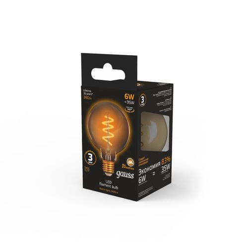 Лампа GAUSS Filament G95 6W 360lm 2400К Е27 golden flexible LED 1/20, вид