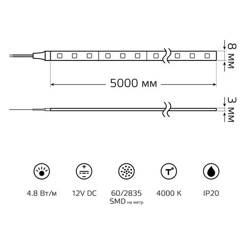 Лента Gauss Basic LED 2835/60 12V 4,8W/m 312lm/m 4000K 8mm IP20 5m, крупный план