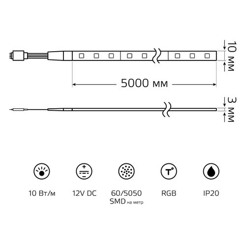 Лента GAUSS Basic LED 5050/60 12V 10W/m 700lm/m RGB 10mm IP20 5m, фото