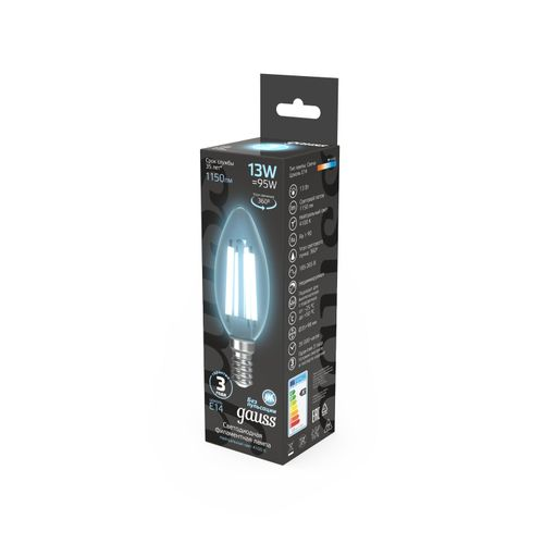 Лампа Gauss Filament Свеча 13W 1150lm 4100К Е14 LED, крупный план