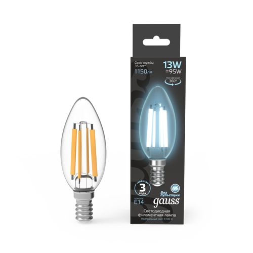 Лампа Gauss Filament Свеча 13W 1150lm 4100К Е14 LED, крупный план