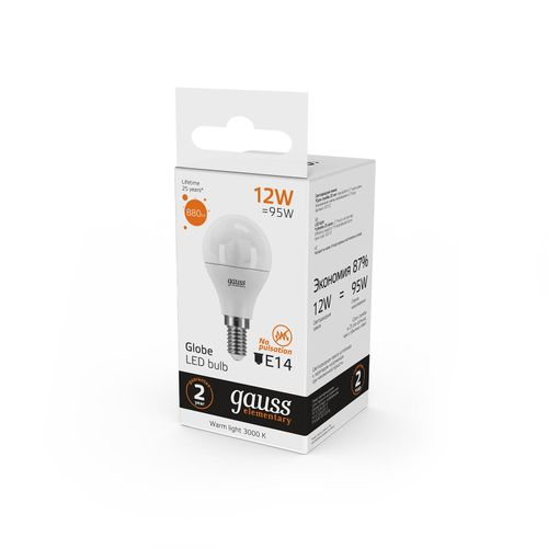 Лампа Gauss Elementary Шар 12W 880lm 3000K Е14 LED, фотография