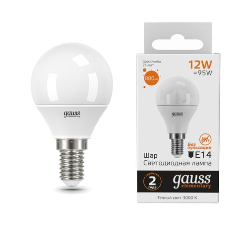 Лампа Gauss Elementary Шар 12W 880lm 3000K Е14 LED, детальное фото