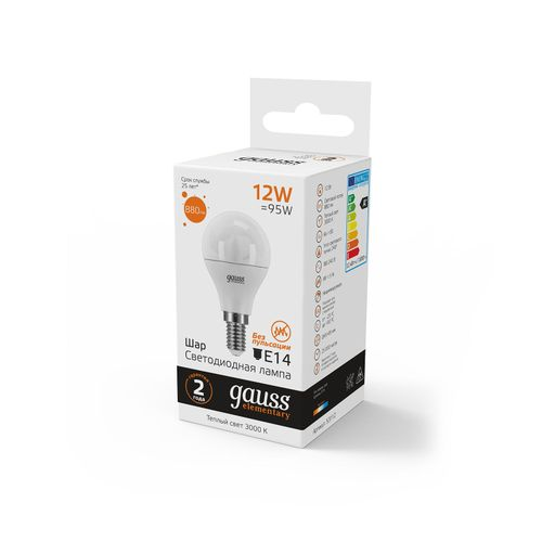 Лампа Gauss Elementary Шар 12W 880lm 3000K Е14 LED, вид