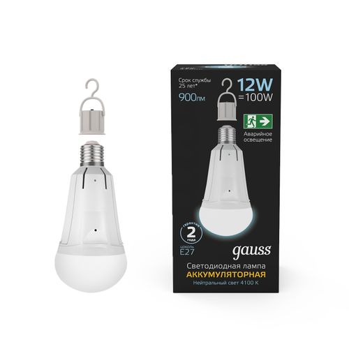 Лампа Gauss A80 12W 900lm 4100K Е27 авар. с Li-Ion аккумулятором LED 1/5/50, фотография