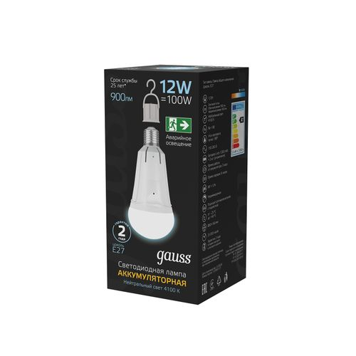 Лампа Gauss A80 12W 900lm 4100K Е27 авар. с Li-Ion аккумулятором LED 1/5/50, крупный план