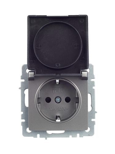 Розетка электрическая IEK BRITE BR-R16-16-K46 сталь, крупный план