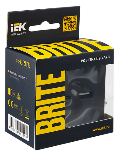 Розетка USB Type-A+C 1 пост IEK BRITE графит, фотография
