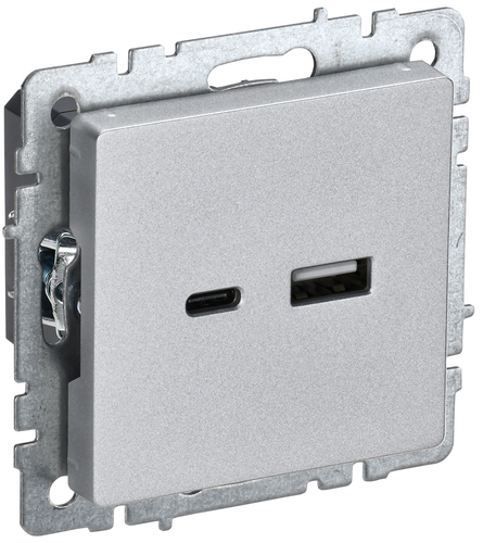 Розетка USB Type-A+C 1 пост IEK BRITE алюминий, крупный план
