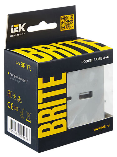 Розетка USB Type-A+C 1 пост IEK BRITE алюминий, крупный план