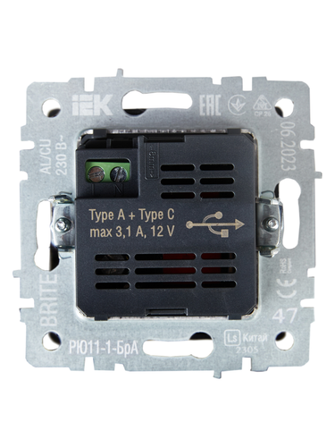 Розетка USB Type-A+C 1 пост IEK BRITE алюминий, фото