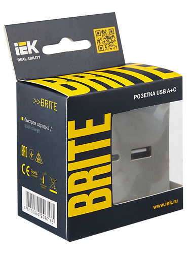 Розетка USB Type-A+C 1 пост IEK BRITE сталь, картинка