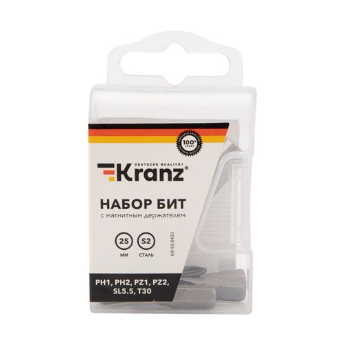 Набор бит 25 мм PH1, PH2, PZ1, PZ2, SL5.5, T30 с магн. Держат. 7 шт/уп Kranz, крупный план