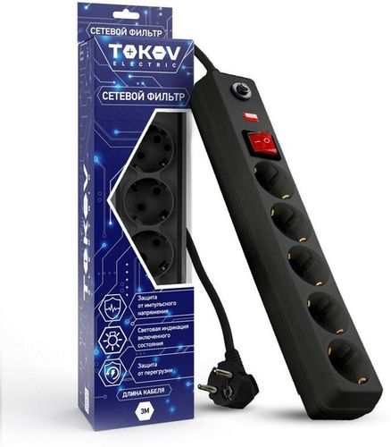 Удлинитель с сетевым фильтром TOKOV ELECTRIC 5х3м с заземл с выкл 16А с защитой, изображение