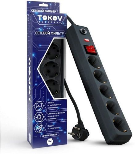Удлинитель с сетевым фильтром TOKOV ELECTRIC 5х5м с заземл с выкл 16А с защитой, картинка