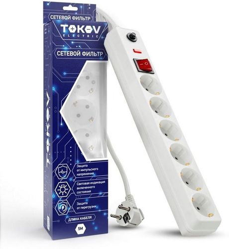 Удлинитель с сетевым фильтром 6х5 м TOKOV ELECTRIC TKE-C01-SF6-5-ZV, фото