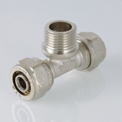 Тройник латунь никелированный VALTEC 1/2" х 20 мм, крупный план