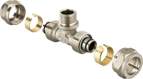 Тройник латунь никелированный VALTEC 1" х 26 мм, крупный план