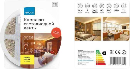 Светодиодная лента Apeyron Electrics SMD 5050 60LED IP20 12В 14,4Вт белый 1 м, изображение