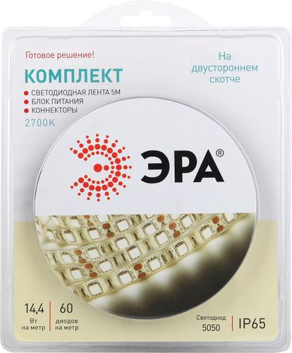 Светодиодная лента ЭРА 5050kit-14,4-60-12-IP65-2700-5m 60 шт 12B 14,4Вт белый 5м, крупный план