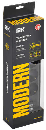MODERN Удлинитель У03В с/з 2м 3х1 мм2 16А/250В USBх3 чер. IEK, детальное фото