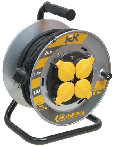 Катушка на мет. с термозащитой 4 места IEK PROFESSIONAL 2P+PE/20 м КГ 3х1,5 мм2 IP44 черный, детальное фото