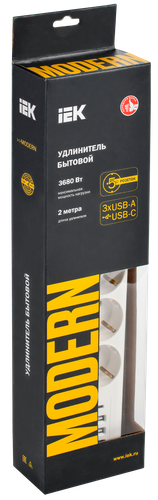 MODERN Удлинитель У05В с/з 2м 3х1 мм2 16А/250В USBх4 бел. IEK, вид