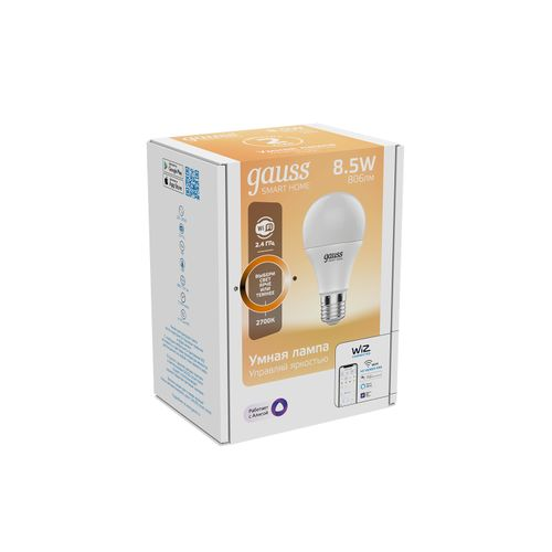 Умная Wi-Fi лампочка GaussSmartHome А60 8,5W  806лм E27 DIM управление голосом/смартфоном, крупный план