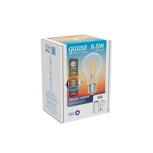 Умная Wi-Fi лампочка GaussSmartHomeFilament А60 6,5W 806лм E27 ССT DIM управление голосом/смартфоном, изображение
