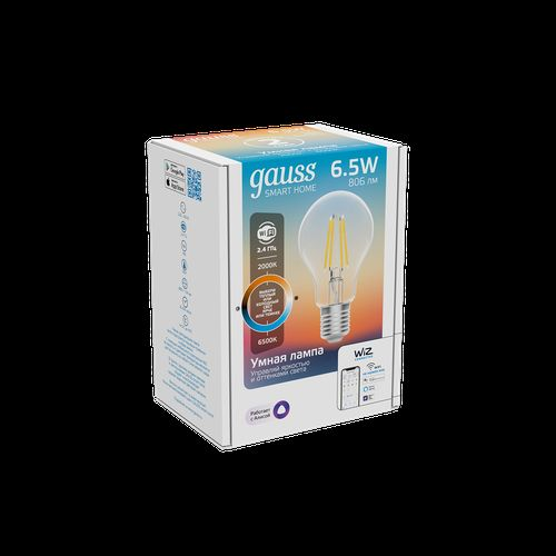 Умная Wi-Fi лампочка GaussSmartHomeFilament А60 6,5W 806лм E27 ССT DIM управление голосом/смартфоном, вид