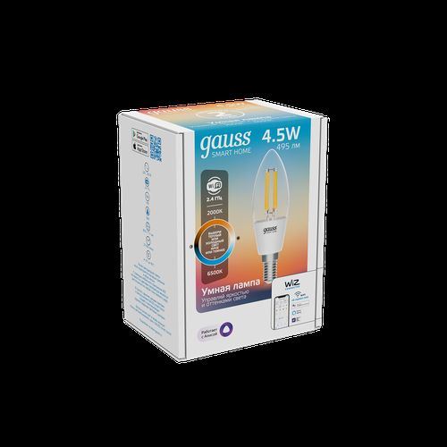 Умная Wi-Fi лампочка Gauss SmartHome Filament С35 4,5W495лмE14 ССT DIM управление голосом/смартфоном, фотография