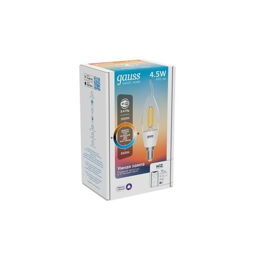Умная Wi-Fi лампочка GaussSmartHome Filament СF35 4,5W495лмE14 CCT DIM управление голосом/смартфоном, крупный план