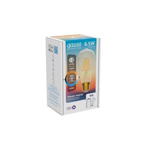 Умная Wi-Fi лампочка Gauss Smart Home Filament ST64 7W720лмE27 CCT DIM управление голосом/смартфоном, вид