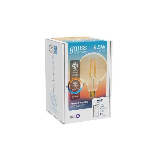 Умная Wi-Fi лампочка Gauss Smart Home Filament G95 7W 720лмE27 CCT DIM управление голосом/смартфоном, детальное фото