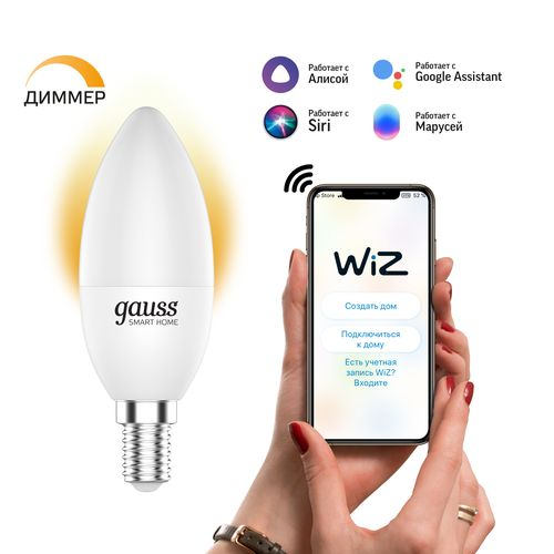 Умная Wi-Fi лампочка Gauss Smart Home C37 5W 470лм E14 DIM управление голосом/смартфоном 1/10/40, крупный план