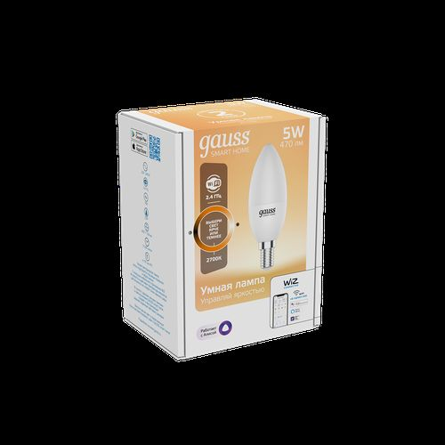 Умная Wi-Fi лампочка Gauss Smart Home C37 5W 470лм E14 DIM управление голосом/смартфоном 1/10/40, фотография