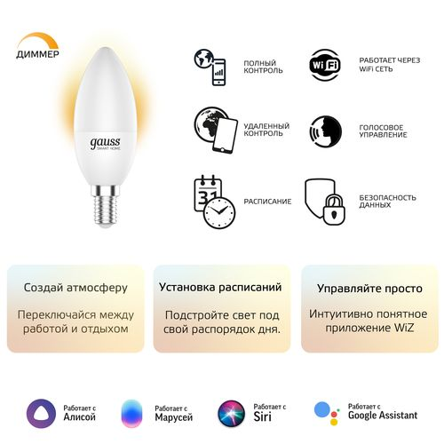 Умная Wi-Fi лампочка Gauss Smart Home C37 5W 470лм E14 DIM управление голосом/смартфоном 1/10/40, детальное фото