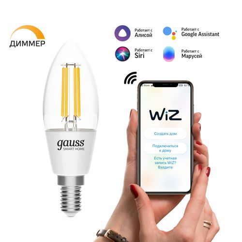 Умная Wi-Fi лампочка Gauss Smart Home Filament С35 4,5W 495лм E14 DIM управление голосом/смартфоном, детальное фото