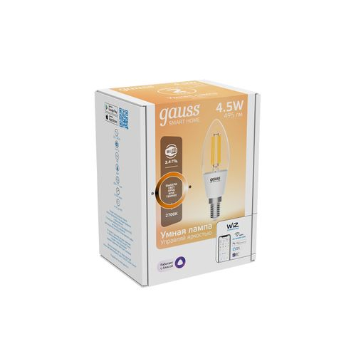 Умная Wi-Fi лампочка Gauss Smart Home Filament С35 4,5W 495лм E14 DIM управление голосом/смартфоном, картинка
