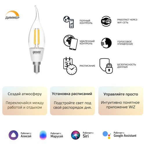 Умная Wi-Fi лампочка Gauss Smart Home Filament СF35 4,5W 495лм E14 DIM управление голосом/смартфоном, вид