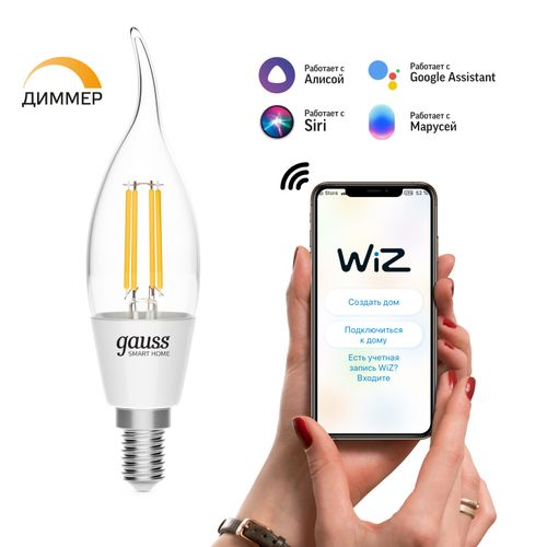 Умная Wi-Fi лампочка Gauss Smart Home Filament СF35 4,5W 495лм E14 DIM управление голосом/смартфоном, крупный план