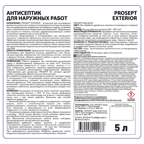Антисептик prosept exterior трудновымыв. для наружн. работ для консерв. древ. 5л, вид