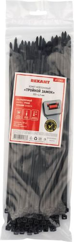 Стяжкa нейлоновая, тройной замок 300x4,8 мм черная (100 шт/уп) REXANT, крупный план