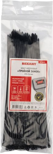 Стяжкa нейлоновая, тройной замок 250x3,6 мм черная (100 шт/уп) REXANT, крупный план