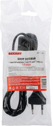 Сетевой шнур с выключателем 2х0,75 мм², 1,8 м черный REXANT, фото