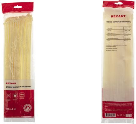 Стяжка нейлоновая 350x4,8 мм белая (100 шт/уп) REXANT, фото